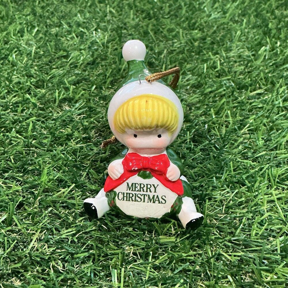 Vintage Joan Walsh Anglund Merry Christmas Ceramic Ornament Child 3.5”